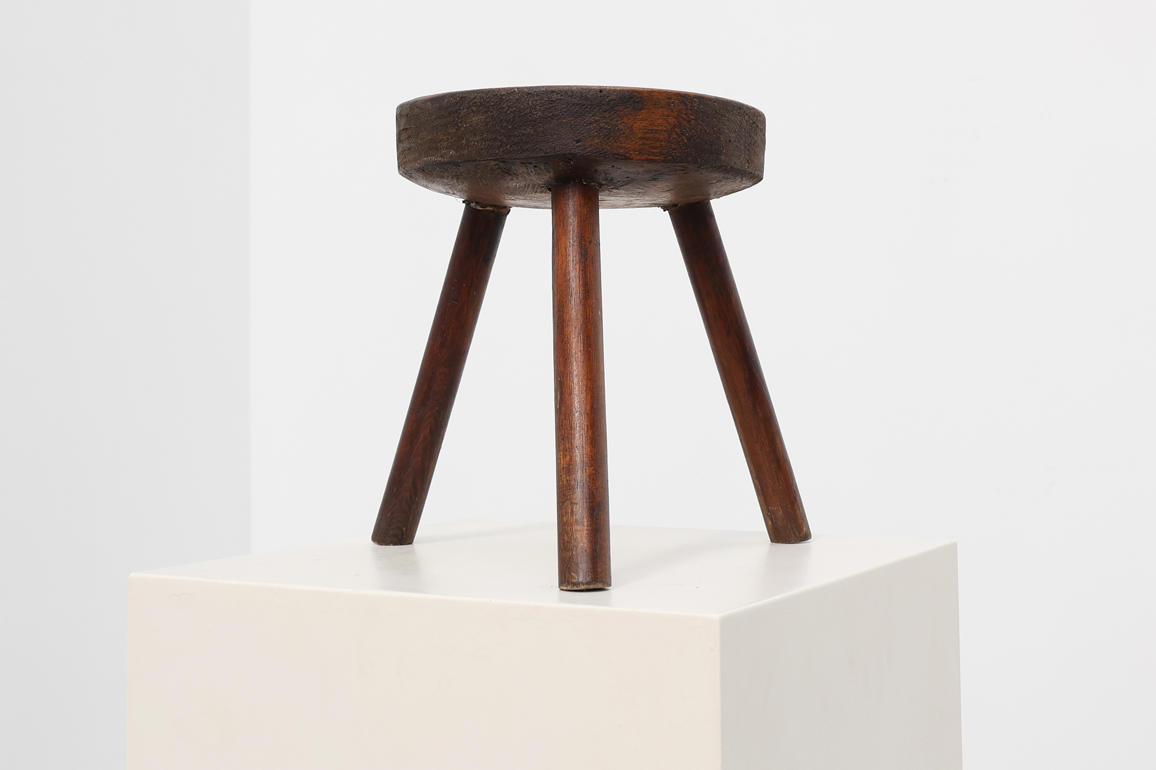 Rustic oak wooden tripod stool, France, ca. 1900thumbnail
